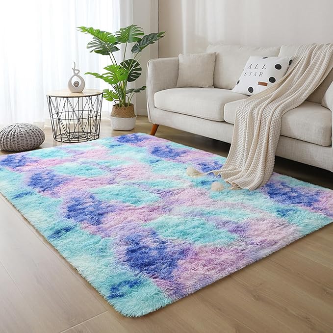 DweIke Fluffy Rainbow Rugs for Bedroom Living Room, 4x6 Feet Soft Plush Shaggy Multicolor Blue Purple Girls Boys Kids Rug, Non-Slip and Machine Washable Carpet for Dorm Nursery Classroom Decor