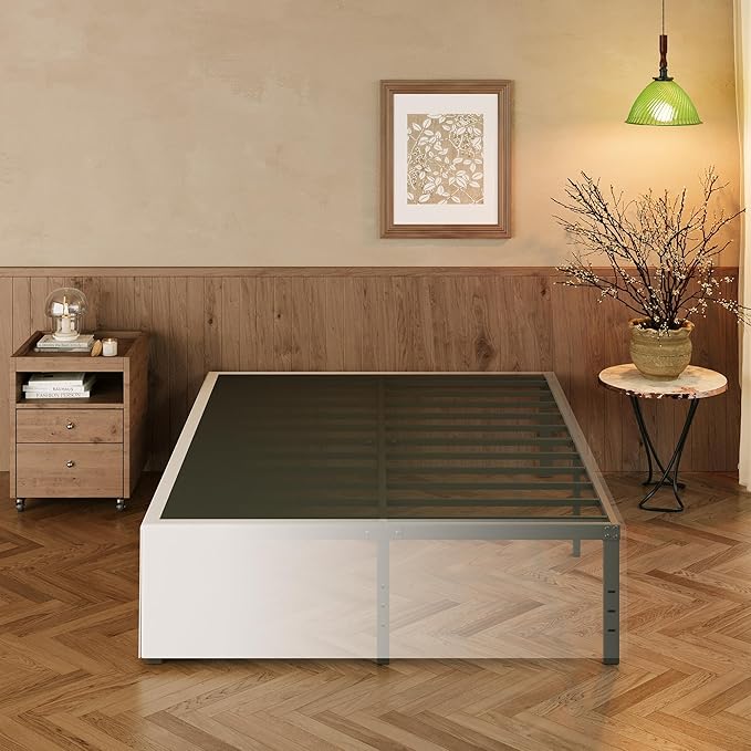 EMODA 18 Inch California King Bed Frames with White Cover, Heavy Duty Metal Cal King Platform Bed Frame No Box Spring Needed, Noise Free