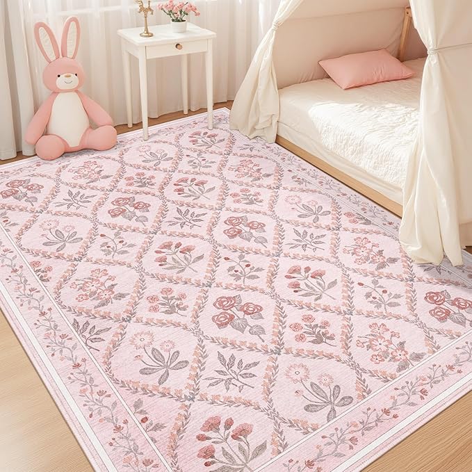 Pink Rugs for Bedroom Girls, 4x6 Floral Washable Area Rug Non Slip, Soft Indoor Decor Elegant Carpet for Kids Room Nursery Living Room Dining Room, Pink Multi