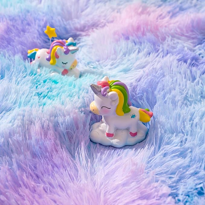 2x6 Fluffy Runner Rug - Non Slip Blue Rainbow Tie-dye Rug for Living Room - Cute Indoor Floor Rug for Girls Room
