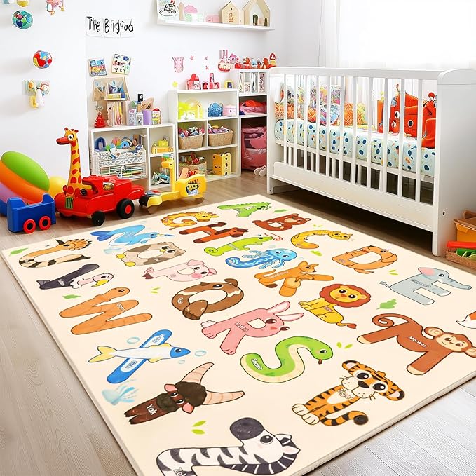 Kids Rugs for Playroom, 5x7 Feet Educational Rug for Learn The ABC Alphabet, Soft Machine Washable Non-Slip Cute Animal Carpet for Classroom Toddler Nursery Kids Room Decor Mat, Beige
