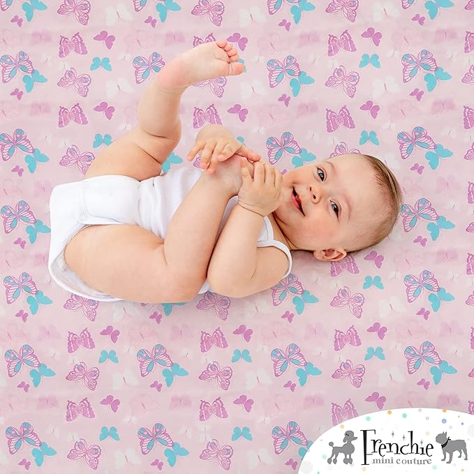 Frenchie Mini Couture, Crib Sheets 2 Pack, 100% Woven Cotton, Fitted Mattress Covers, Fits Standard Size Toddler Bed 28 x 52 x 8in, Butterfly