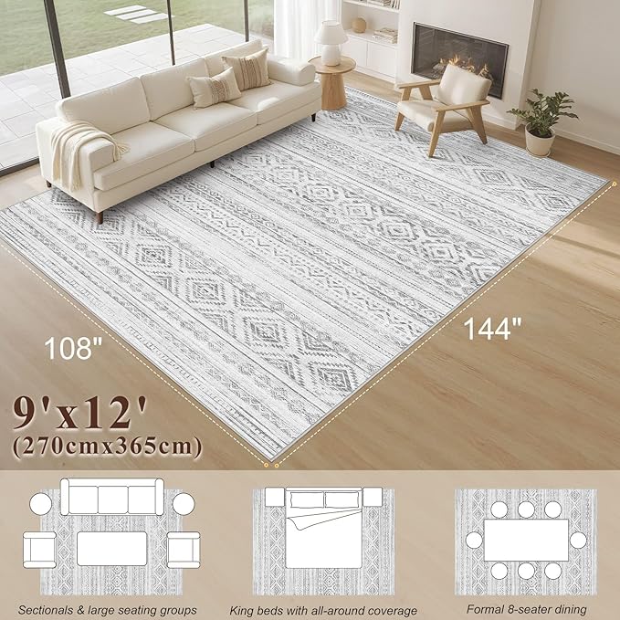 Area Rugs for Living Room Washable Living Room Rug Soft Neutral Indoor Floor Carpet Non-Slip Stain Resistant Modern Boho Rugs for Bedroom Dining Room Kids Room Nursery Office Home Light Grey