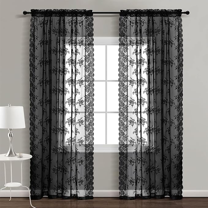 Kotile Black Lace Curtains 80 Inches Long 2 Panels Set, Farmhouse Rustic Floral Gothic Lace Curtains for Living Room, Rod Pocket Privacy Halloween Goth Window Decor Sheer Curtains, 52 x 80 Inch, Black