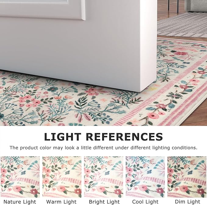 Rugs for Living Room 5x7, Pink Boho Thin Washable Non-Slip Area Rugs for Bedroom Girls, Soft Floral Low-Pile Nursery Carpet for Dining Room Kids Room Playroom Indoor, Pink/Multi