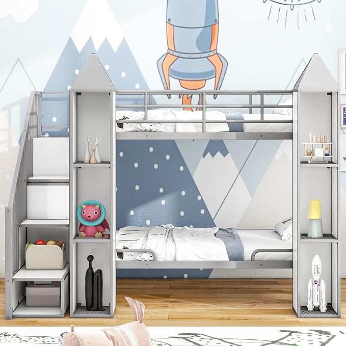 Twin Over Twin Castle-Shaped Bunk Bed with Wardrobe and Multiple Storage, Metal Bunk Bed with Storage Staircase and Safety Guardrail for Kids Teens Boys Girls Bedroom (White+Gray)