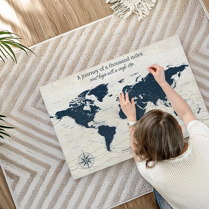 ElephantStock - A Journey I Push Pin World Map Wall Art - Horizontal Canvas Wall Art - Living Room Wall Decor - Digital Art Map Canvas Art - Blue And Beige Decor - 36" x 24"