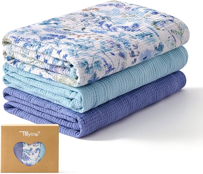 TILLYOU 3 Pack Muslin Swaddles for Newborns Baby Blankets for Girls Boys Cotton Swaddle Blankets 40"X40", Blue Flower