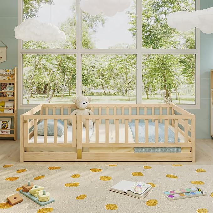 KOMFOTT Twin Size Wood Floor Bed with Door & 21.5” Fence, Montessori Bed Frame with Full Length Safety Guardrails, Door & Latch, Wooden Montessori Floor Bed for Kids, Girls, Boys
