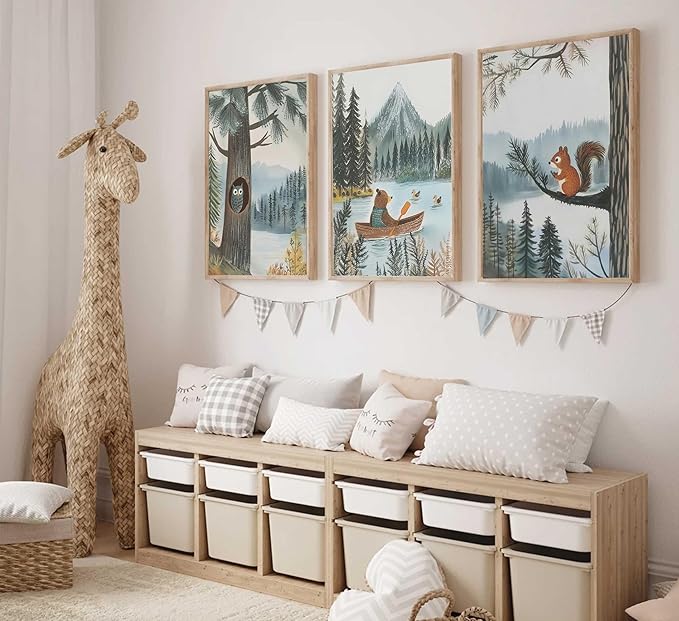 3Pcs Woodland Animal Nursery Canvas Wall Art Cute Watercolor Forest Wild Animals Bear Owl Squirrel Painting Picture Wall Decor Poster Print Artwork for Boy Girl Kids Bedroom Home Decoration Unframed