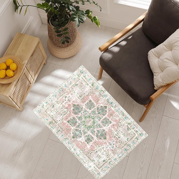 Vhong Boho Area Rugs Vintage Washable Neutral Modern Dusty Pink and Green 2x3 Non Slip Small Carpet for Hallway Bathroom Entryway Girls' Room