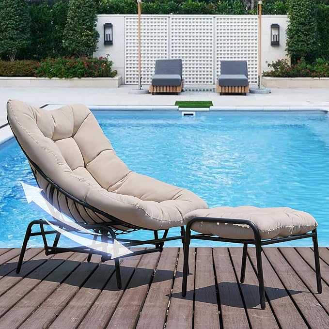 NATURAL EXPRESSIONS Lounge Chair Outdoor with Ottoman, 2-Piece Gentle Rocking Chaise Lounge Set, 4.7" Olefin Cushion & Sturdy Frame, Glider Rocking Chair for Indoor Outdoor Use