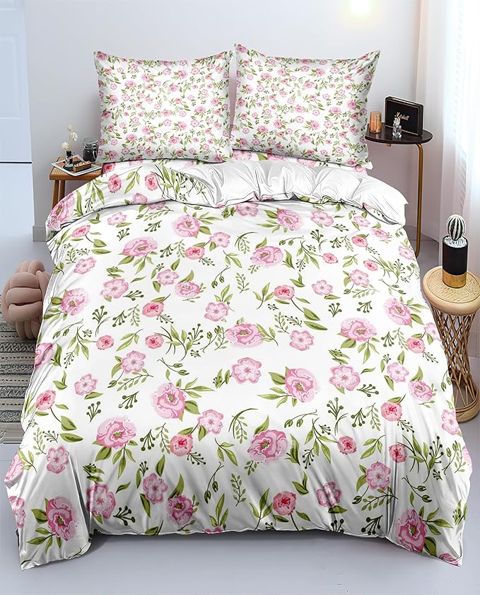 Floral Duvet Cover Twin Pink White Floral Bedding Sets Vintage Style Garden Flower Comforter Cover Boho Flower Botanical Duvet Cover Girls Women Aesthetic Twin Duvet Cover with Zipper Ties