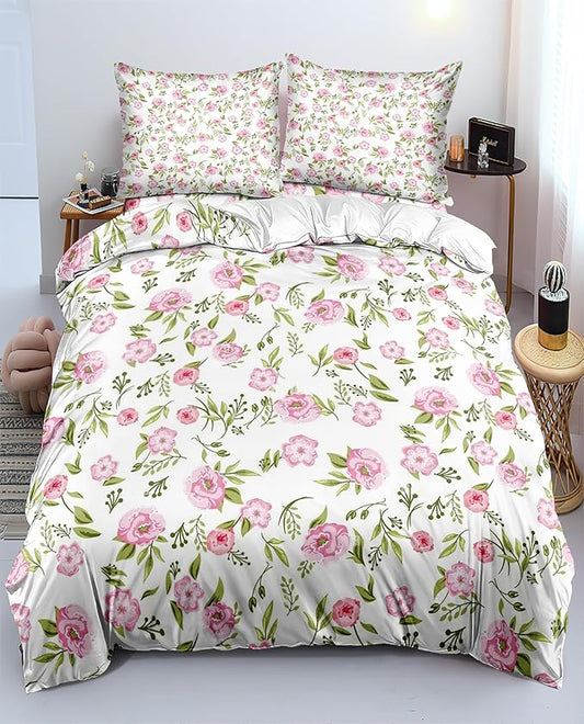 Floral Duvet Cover King Pink White Floral Bedding Sets Vintage Style Garden Flower Comforter Cover Boho Flower Botanical Duvet Cover Girls Women Aesthetic King Duvet Cover with Zipper Ties