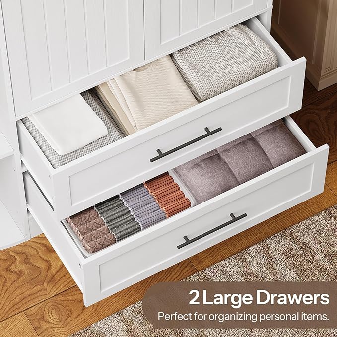 HOOBRO Wardrobe Closet with Doors, 70.9" Tall Armoire Wardrobe Closet with 4 Storage Shelves, Wooden Bedroom Armoire with 2 Drawers and Hanging Rod, Clothing Storage Cabinet for Bedroom, White