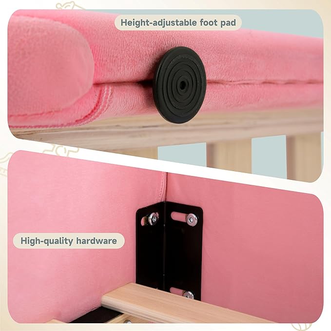 Toddler Floor Bed Frame with Removable Safety Rails and Storage Bag, Kids Bed for Girl and Boys, Standard Crib Size Portable Beds, Safety Upholstered Child Beds, Low to Floor Design