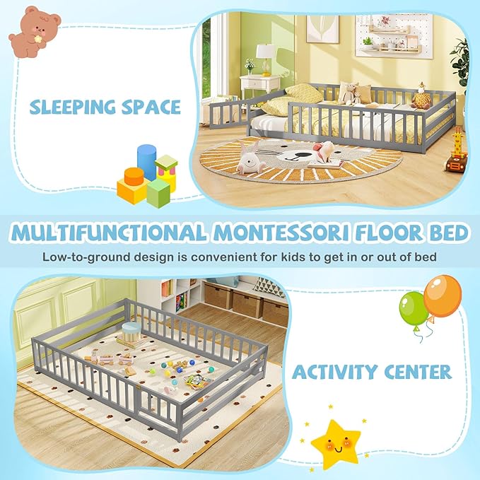 Giantex Full Floor Bed with Door & Fence, Kids Wood Montessori Beds with Safety Guardrails, Floor Bed Twin for Kids, Boys, Girls, No Box Spring Needed, Grey