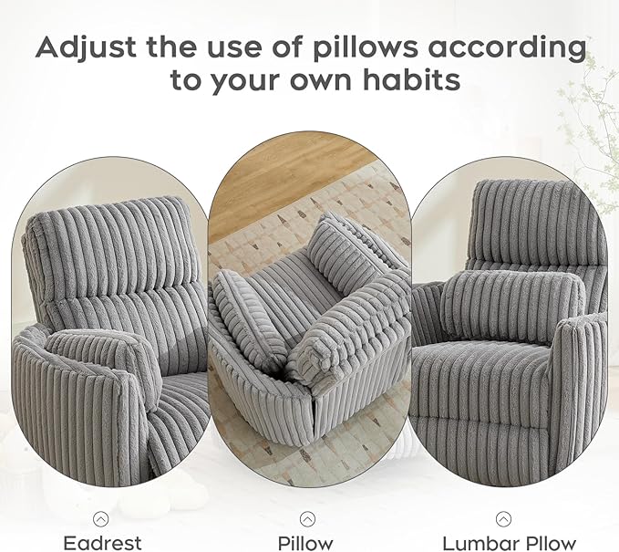 Power Nursery Rocking Chairs Swivel Glider Reclining Chair with 2 Pillows, Nursery Glider Rocking Recliner with Type-C & USB Charger Port, Corduroy Upholstery Armchair for Living Room/ Light Grey