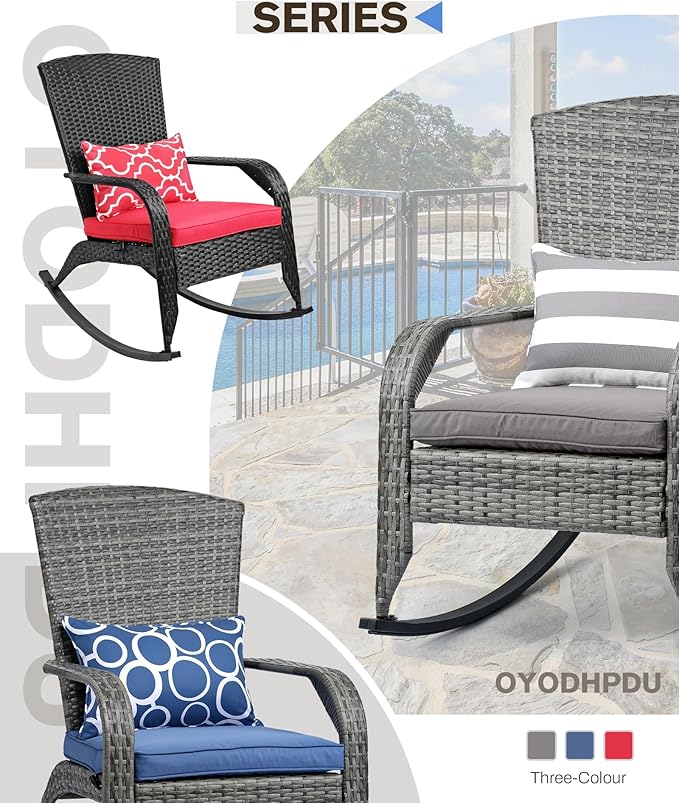 Outdoor Rocking Chair Set of 2- Outdoor Rattan Rocker Chair with Heavy-Duty Steel Frame- All Weather Rocker Chair for Garden, Porch, Poolside, Backyard (Grey, 320lbs)