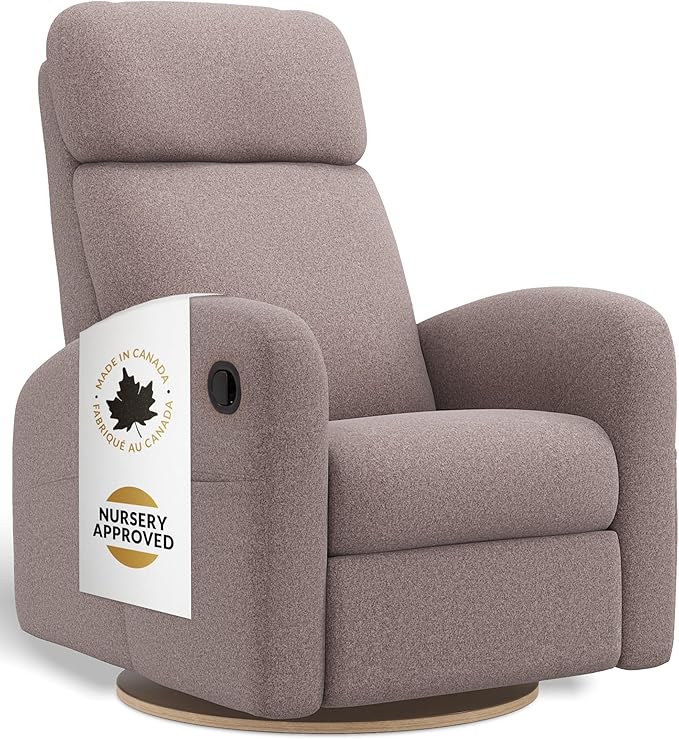 Jaymar Hailey Modern Nursery Glider Recliner Chair (Manual) – Cozy Nursing Chair with 360° Swivel for New Parents, High Back & Low Armrests, Adjustable headrest, Canadian Made (Arlo Heatner Flax)