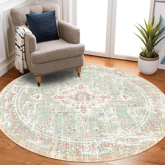 Vhong Boho Area Rugs Vintage Washable Modern Neutral Carpet Green and Pink 5×5 High Traffic Round Rugs for Dinning Room Living Room Bedroom Farmhouse Non Slip