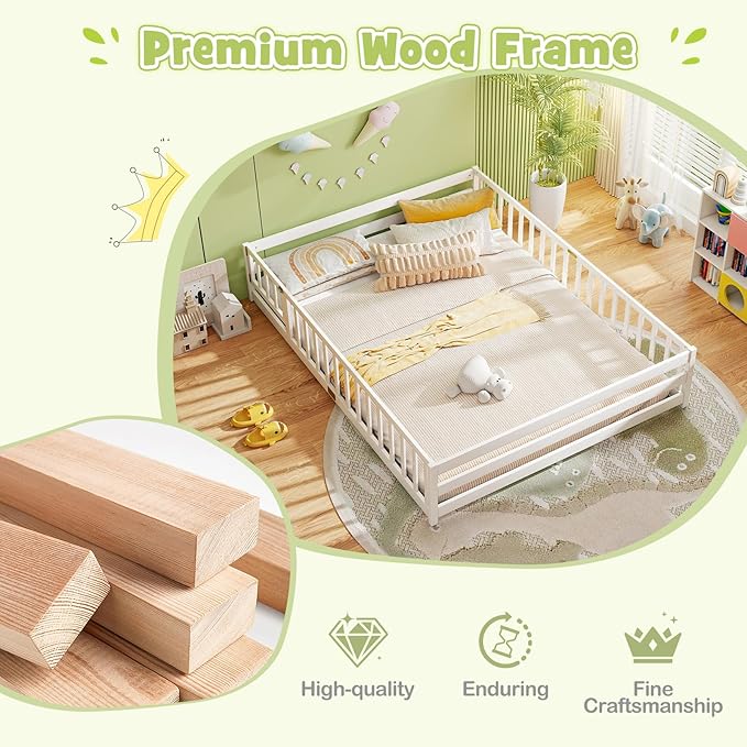 KOMFOTT Queen Size Wood Floor Bed with Door & Fence, Montessori Bed Frame with Full Length Safety Guardrails, Door & Latch, Wooden Montessori Floor Bed for Kids, Girls, Boys (Queen,White)