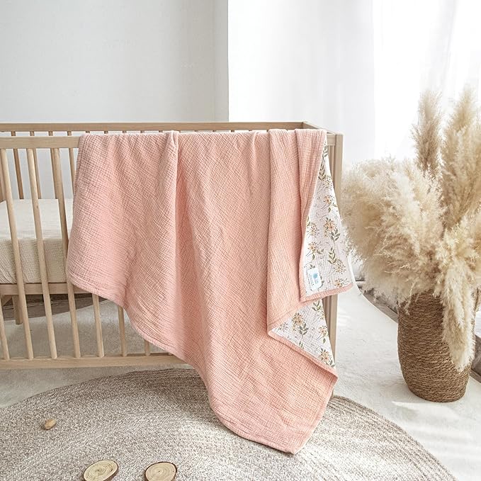 lulumoon Muslin Baby Blanket for Girl: Lightweight Cotton for Newborns - Soft Nursery Blanket for Stroller 47"×47"（Pink Floral）