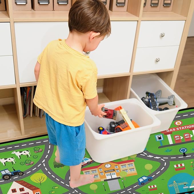 Kids Car Road Play Rug - Town City Map Track Soft Non-Slip 2x3 Carpet Traffic Mat Washable Playroom Bedroom Boys Nursery Educational Area Rug Entrance Mats Playroom Classroom Decor (24"x 36")