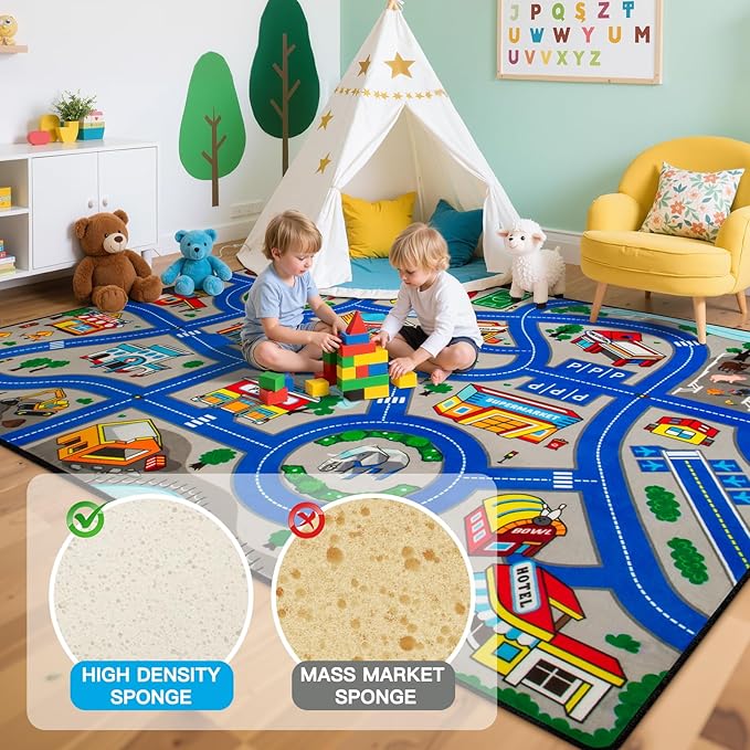 Road Car Rug, 5x7 Ft City Road Rug for Kids, Extra Thick (0.4in) Kids Play Rug Mat and Car Carpet with Realistic Colors - Perfect for Children, Soft and Non-Slip for Playroom and Bedroom