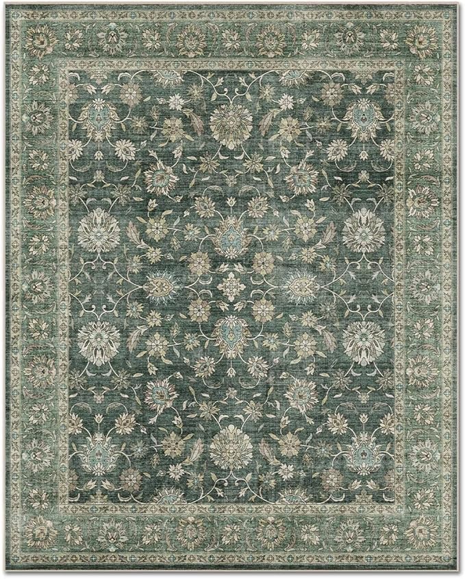 Washable 9x12 Area Rugs for Living Room, Boho Non-Slip Vintage Distress Lager Rugs for Bedroom Dining Room Nursery Office, 0.3" Neutral Oriental Throw Thin Carpet, Sage Green/Blue/Multi