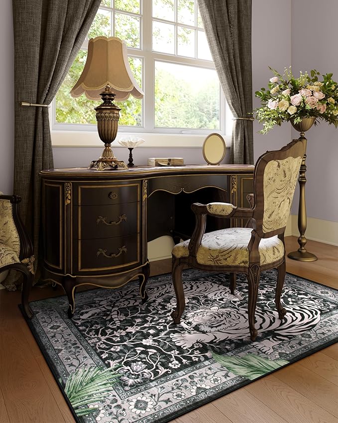 Moynesa Tiger Washable Rugs, 3x5 Entry Area Rugs, Non Slip Vintage Soft Living Room Carpet, Boho Low Pile Stain Resistant Indoor Throw Mat for Kitchen Bedroom Entrance, Black