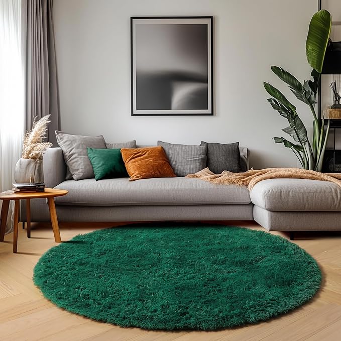 ONASAR Dark Green Round Area Rug 4x4, Soft Bedroom Circle Rugs for Kids Girls Teen Room, Cute Furry Plush Shaggy Carpet for Baby Nursery Living Room Playroom Dorm Christmas Home Decor