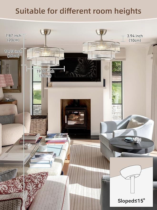 Silver Fandelier Ceiling Fans with Lights, 20" Silver Crystal Chandelier Ceiling Fan with Light Remote Control, Caged Mid Century with 6 Speeds for Bedroom, Living Room, Nursery