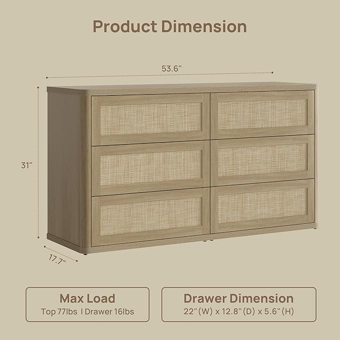 SICOTAS Dresser for Bedroom - 6 Drawer Dresser for Nursery 54" Wide Rattan Dressers & Chests of Drawers Boho Drawers for Bedroom Living Room Clothes Large Closet Storage for Closet Hallway Entryway