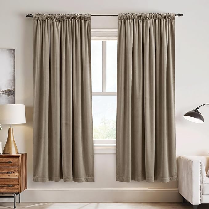 StangH Velvet Curtains Camel Beige, Thermal Insulated Room Darkening Drapes for Bedroom Living Room Home Theater, Decorative Rod Pocket Back Tab Curtain, 2 Panels, W52 x L72 inches