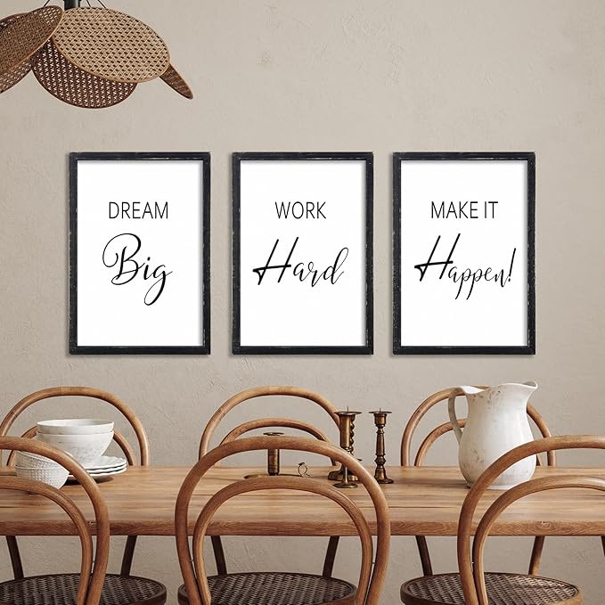 LuZhiQiang Inspirational Positive Wall Decor 16"×11" Dream Big Work Hard Make it Happen Sign Set Of 3 Large Wood Framed Motivational Quotes for Office Living Room Home Art Women Hanging (Black)