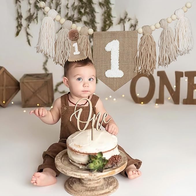 1st Birthday Decorations Boys High Chair Banner With One Cake Topper Brown Conical Hat For First Party