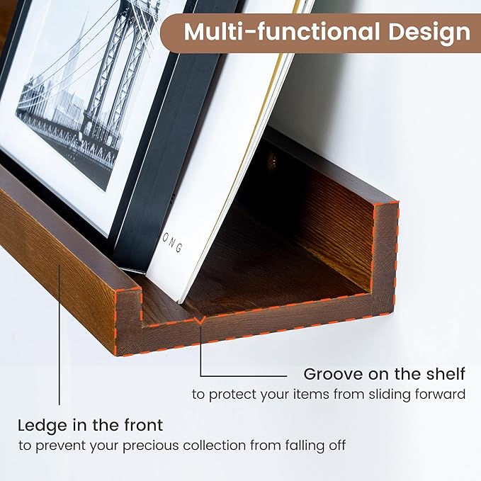 16 Inches Floating Shelves for Wall, Solid Pine Wood Picture Ledge Shelves, Walnut Wall Shelves with Lips, Nursery Book Shelves for Toys Storage Living Room Bedroom Photo Frames (2 Pcs, Walnut)