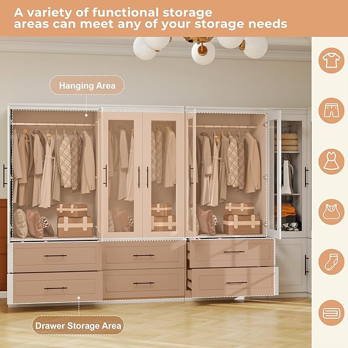 Armoire Wardrobe Closet with 8 Door: White Wood Wardrobe Closet Wooden Combination Corner Cabinet Bedroom Armoire with Hanging Rods for Home/Bedroom/Living Room