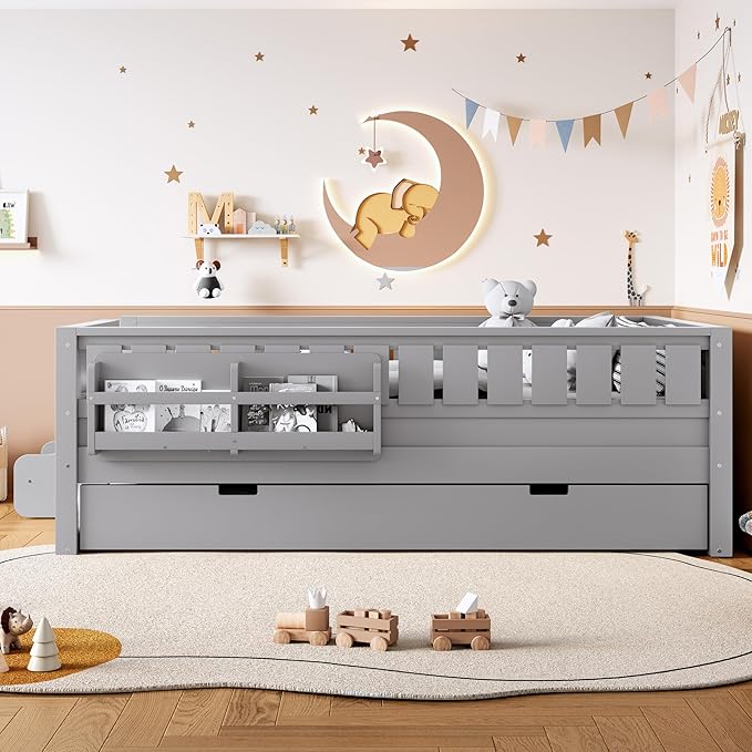 Bellemave Twin Bed with Trundle Twin and Stairs, Twin Size Platform Bed Frame with Fence and Bookshelf, Easy Assemble Beds for Kids, Girls, Boys, Gray