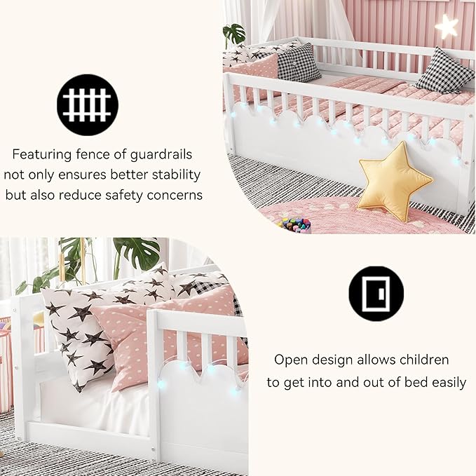 Full Toddler Floor Bed with High Rails, Wooden Montessori Bed Frame with Light and Storage Shelf, Full Size Bed Frame for Kids, Boys and Girls, White