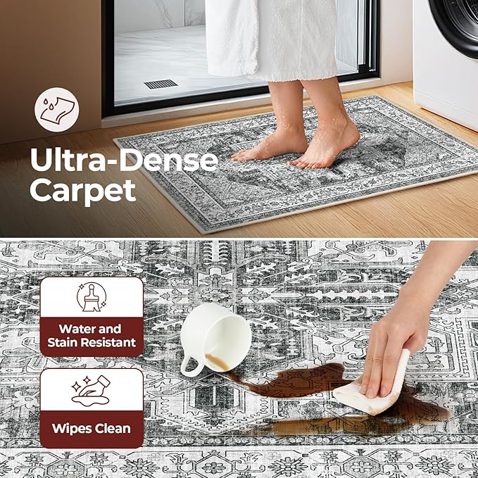 WITSHOCK Indoor Door Mat, Entrance Mat 2x3 Machine Washable Non Slip Backing Mat Soft Foldable,Vintage Rugs Mats, Inside Floor Mat Doormat, Gray