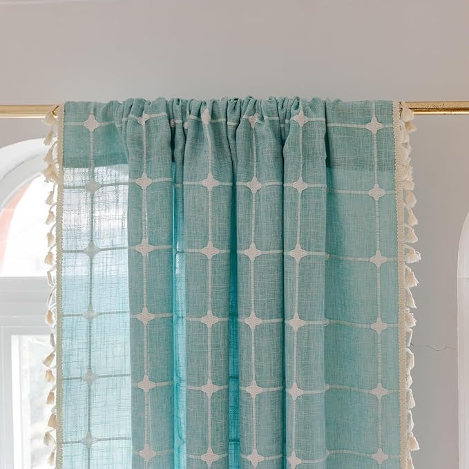 Deeprove Aqua Boho Curtain Valance 18 Inches Length Teal Bohemian Lattice Gingham Textured Embroidery Plaids, Vintage Chic Tassels Casual Easter Decor Drapes Rod Pocket, 1 Panel W52 x L18