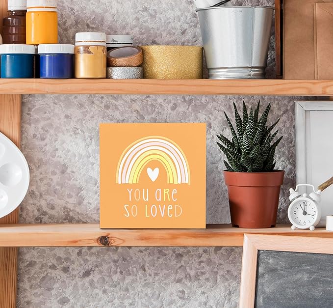 SRADMO You Are So Loved Rainbow Heart Wood Box Sign Desk Decor, Orange Kids Inspirational Quotes Wooden Block Box Sign Decoration for Kids Room Nursery Playroom Shelf Table Decorative Accessories