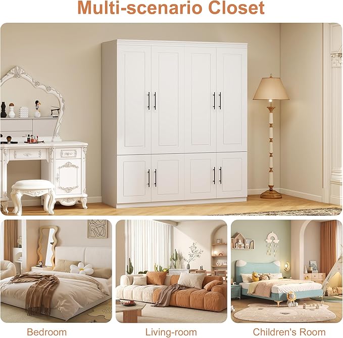 White Armoire Wardrobe Closet Cabinet: 4 Door Wood Wardrobe Closet Combination Cabinet Wooden Bedroom Armoire with Hanging Rods for Home/Bedroom/Living Room