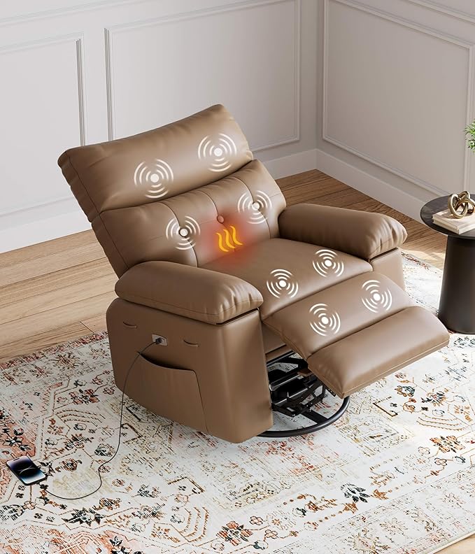 GarveeHome Power Rocker Swivel Recliner Chair - Heat and Massage, PU Leather Electric Glider Rocking Chair with USB Port, Glider Recliner Nursery Chair for Living Room, Bedroom, Nursery
