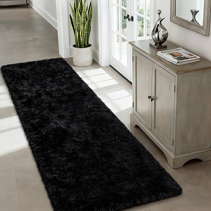 Merelax Soft Fluffy Rugs for Bedroom Living Room, 2x6 Hallway Runner Rugs, Furry Shag Bedside Area Rug Indoor Accent Floor Carpet, Plush Fuzzy Rug for Dorm Nursery Kids Room Decor, Black