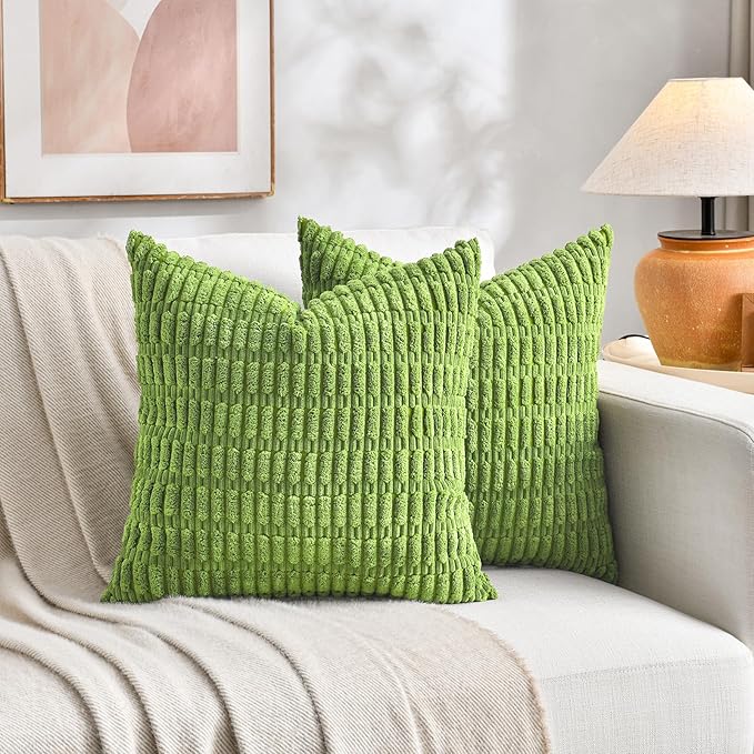 Fancy Homi 2 Packs Boho Lime Green Decorative Throw Pillow Covers 20x20 Inch for Couch Bed Sofa, Rustic Modern Farmhouse Home Decor, Soft Plush Corduroy Square Cute Cushion Case 50x50 cm