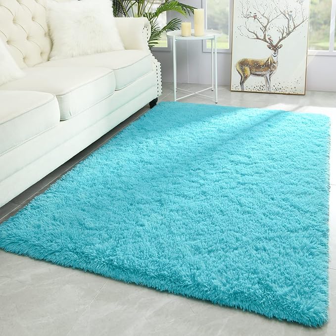 Merelax Modern Soft Fluffy Large Shaggy Rug for Bedroom Livingroom Dorm Kids Room Indoor Home Decorative, Non-Slip Plush Furry Fur Area Rugs Comfy Nursery Accent Floor Carpet 4'x6' Teal
