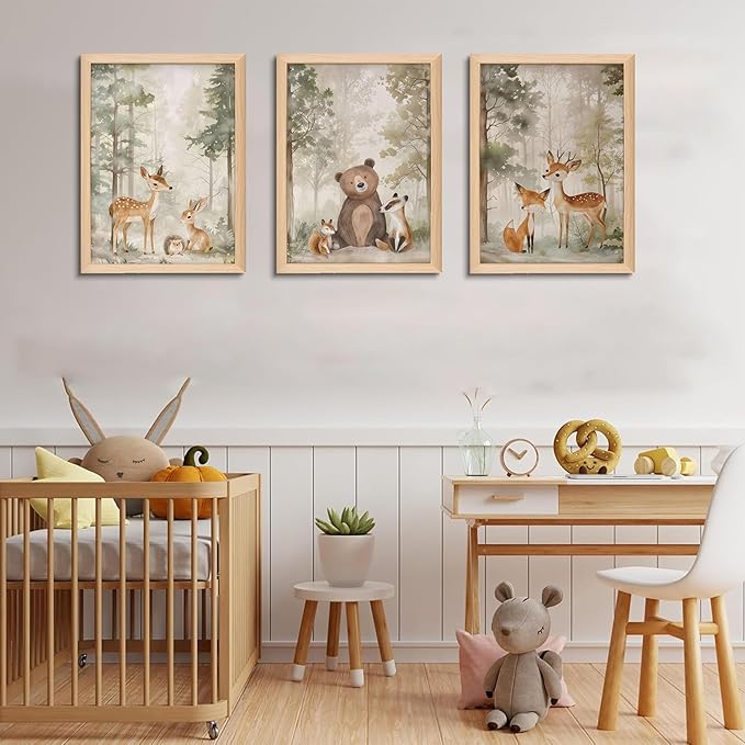 Framed Woodland Wall Art Set of 3, Wild Animals Nursery Wall Decor, Cute Bear Fox Deer Watercolor Canvas, Forest Animal Pictures Print for Baby Room Decor Home Decoration – 16x24 inch